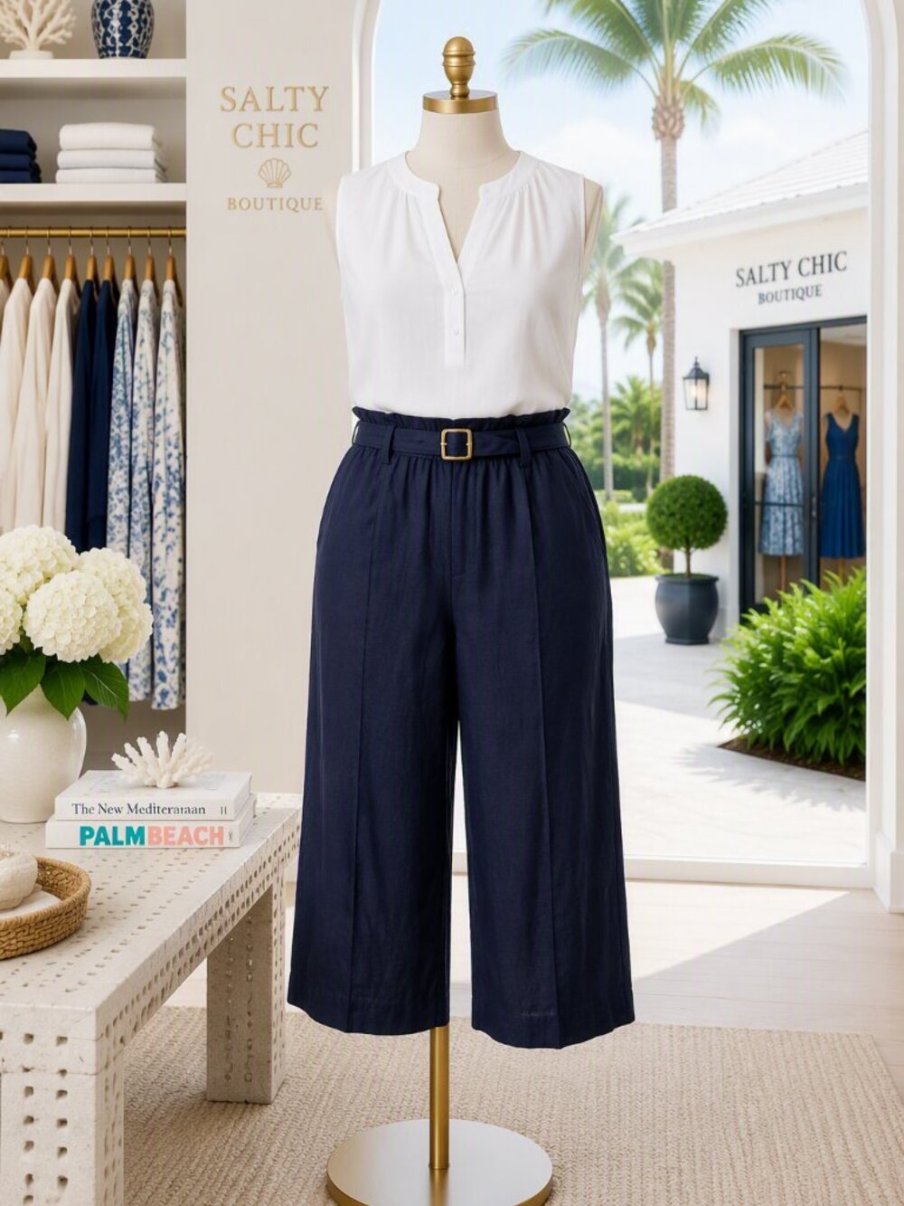 J. Jill Linen Cropped Belted Pants in Navy